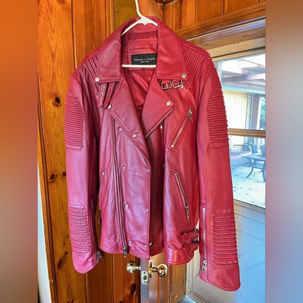 RED LEATHER BIKER JACKET BY MASON & COOPER